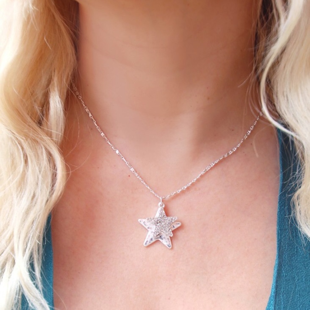 Silver Star Pave Charm Necklace